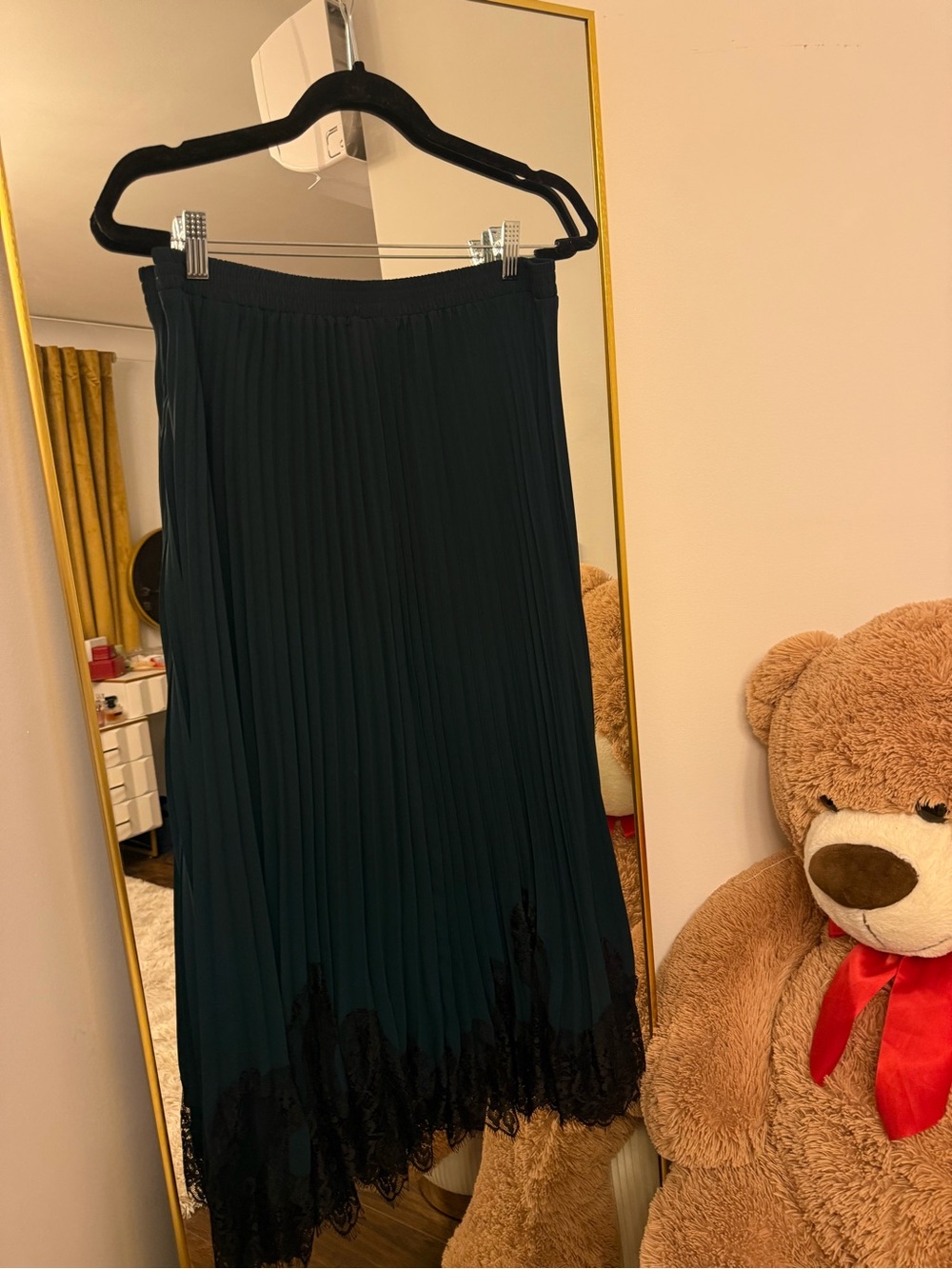 Adrianna Papell Dark Green Pleated Midi Skirt with Black Lace Hem